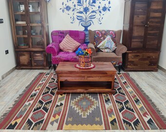 Kilim Area Rug, Boho Rug, Home Décor Rug, Rugs For Living Room; Kitchen; Bedroom; Yoga mat, Multi-color Wool Jute Dhurrie, Handmade Jute Rug