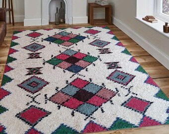 Alfombra vintage Azilal, alfombra bereber marroquí geométrica colorida, alfombras de lana anudadas a mano de 5 x 8 pies, alfombras para dormitorio, hogar y sala de estar