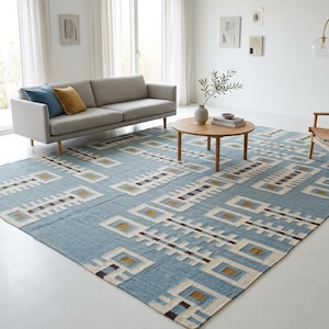 Handwoven Geometric Wool Rug: Mid Century Modern Kilim Style Dhurrie, Indoor Kilim Carpet, Bedroom, Living Room Rug, Wool Rug 8x10, 9x12 image 1
