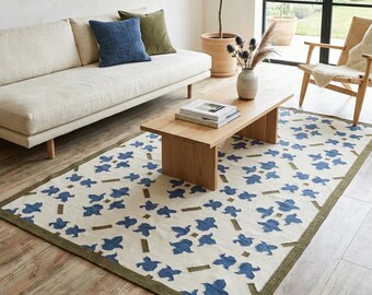 Kilim tribal azul, alfombra moderna bohemia de algodón y lana, decoración para dormitorio o sala de estar, alfombra hecha a mano, regalo perfecto, alfombra tradicional, 5x8, 6x9, 8x10