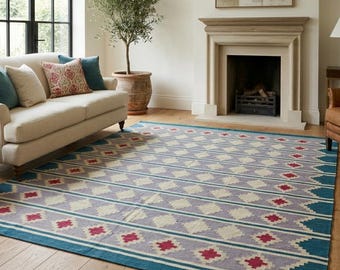 Handmade Wool Kilim Rug, Blue Tribal Flatweave Area Rug, Southwestern Geometric Carpet, Boho Living Room Rug, Custom Size Designer Carpet