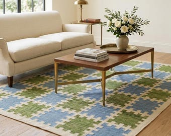 Blue Wool Rug, Geometric Checkerboard Area Rug, Handmade Flatweave Carpet, Scandinavian Modern Rug, Modern Wool Kilim Rug, 8x10, 9x12  Rugs