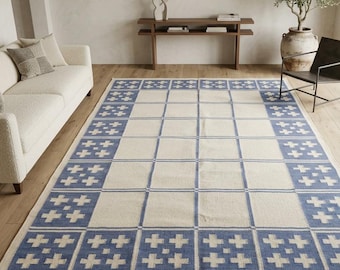 Katoenwollen vloerkleed, blauw geometrisch handgeweven vloerkleed, platgeweven woonkamertapijt, slaapkamertapijt in Scandinavische stijl, zacht duurzaam vloerkleed, 8 x 10 vloerkleed