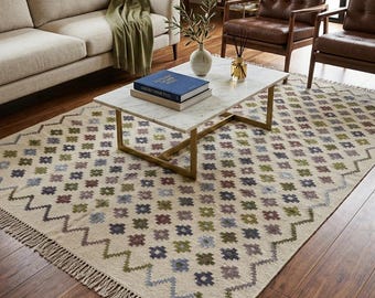 Handwoven Wool Kilim Rug: Modern Multicolor Flatweave Area Rug (8x10), Ziggurat Kilim Rug, Wool Rug For Living Room, 8x10 Woven Rug For Home