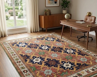 Hand-Knotted Oushak Rug – Turkish Wool Area Carpet, Floral Geometric Design, Bohemian Traditional Decor, Red Multicolor 6x9 Ft Oriental Rug