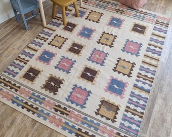 Geometric Wool Flatweave Rug, Handwoven Tribal Kilim Carpet, Ivory Blue Pink Area Rug, Premium New Zealand Wool Rug For Bedroom, Living Room