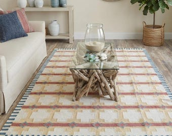Handwoven Wool Kilim Rug 8x10: Geometric Flatweave Carpet, Wool Rug 8x10, Modern Rug, Colorful Striped Rug For Bedroom And Living