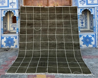 Tapis en laine nouée à la main quadrillage irrégulier, décoration d'intérieur tapis marocain personnalisé en laine à carreaux verts, tapis en laine Beni Ourain pour chambre à coucher, maison et salon