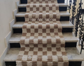 Stair Area Runner Rug - Modern Irregular Checkered Wool Dhurrie, Home Decor Step Area Rug, Stairway Padded Personalization Custom Rug