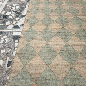 5 x 8 pieds en jute, tapis design losanges naturels, tapis fait main style bohème pour la maison et le salon, tapis de sol aux dimensions personnalisées, tapis en jute losanges verts
