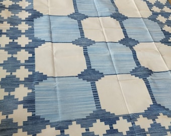Handmade Flat Weave Rug, Custom Size Area Dhurrie, Home & Living Room, Bedroom Rug, Hallway Floor Rug, Cotton Rug, Cotton Blue Color Rug
