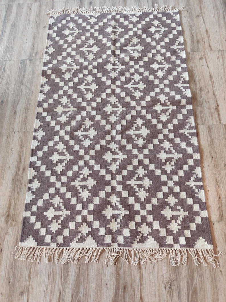 Handwoven Wool Rug, Modern Wool Brown And White Area Rug, Flatweave Rug, 5x8 Ft Kilim Woven Rug, Rugs For Bedroom, Indoor And Outdoor Rug