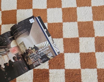 Checkered Wool Rug, Orange And White Rug, Exclusive Wool Rug, Moroccan Handmade Rug, Checkered Area Rug, Checkerboard Rug, Wool Rug 9 By 12