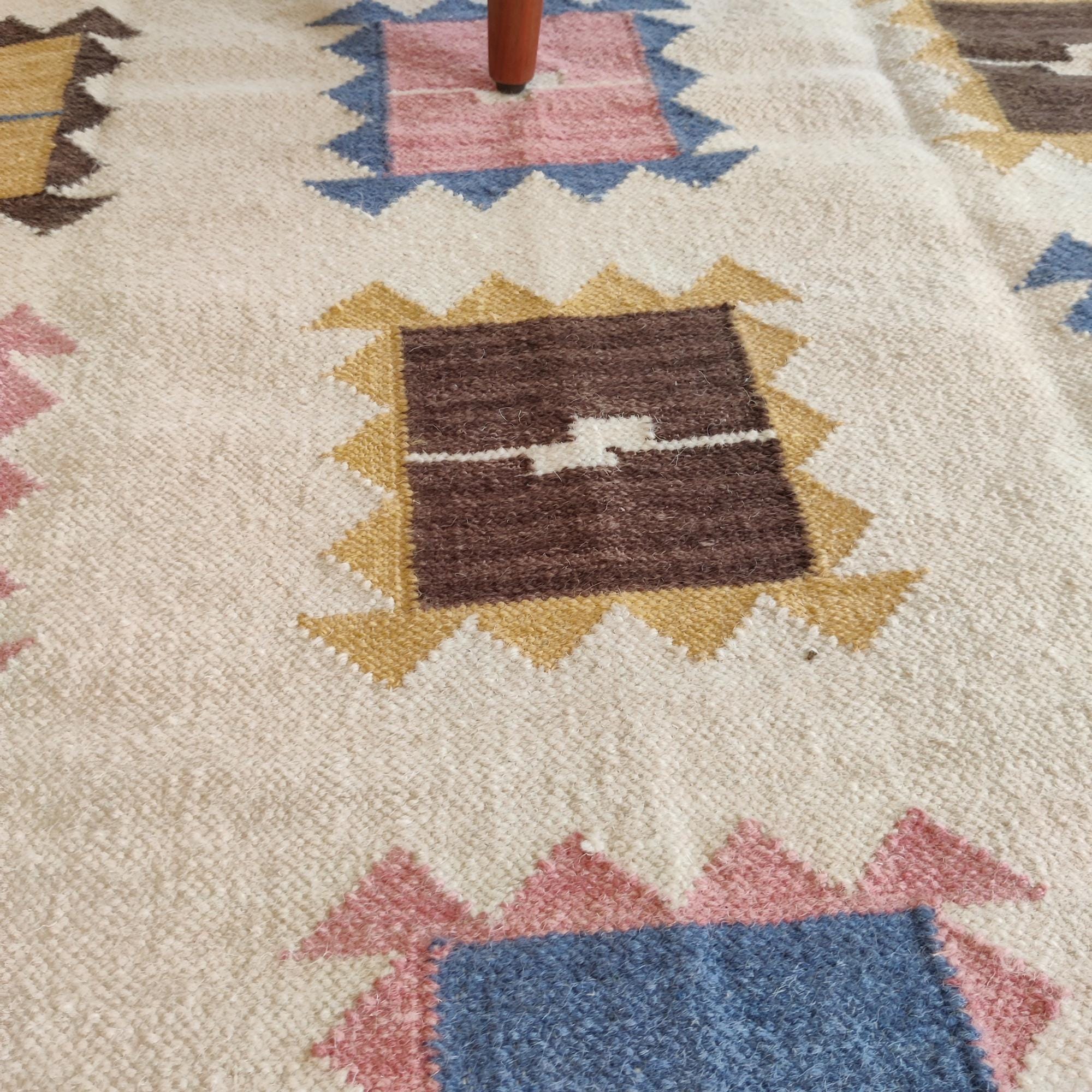 手織り幾何学模様ウールラグ：トライバルボヘミアンフラットウィーブ