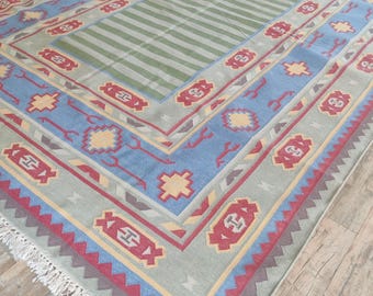 Handwoven Cotton Kilim Rug 8x10: Colorful Tribal Boho Carpet
