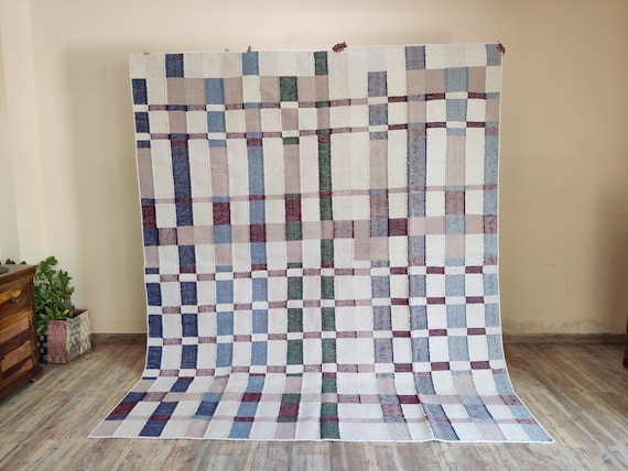 Handwoven Wool Plaid Rug: Checkerboard Area Rug, Bedroom And Living Room Rug, Elegant Checkered Pattern Rug, Wool Rug 8x10, 9X12, 12X15