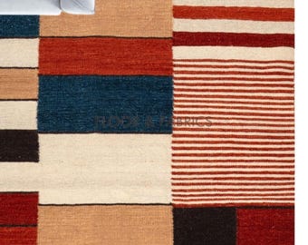 Modern Kilim Wool Rug: Multi-Colored Stripe Design, Handwoven Cotton Wool Area Rug, Bespoke Size Dhurrie, Bedroom, Living Room Carpet