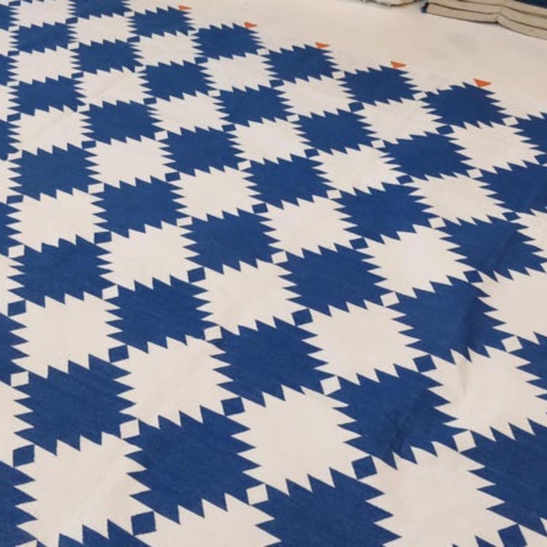 Alfombra azul y blanca, hecha a mano en algodón, con diseño geométrico, personalizada, de área, de algodón Dhurrie, para dormitorio, de 15 x 23 cm, 20 x 25 cm y 23 x 30 cm. imagen 6