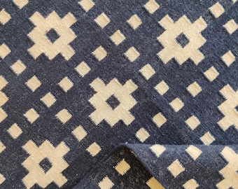 Tappeto Kilim fatto a mano in cotone e lana, Dhurrie geometrico a trama piatta blu navy e avorio, tappeto scandinavo moderno, tappeto tribale per camera da letto, corridoio