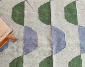 Handwoven Wool Rug (8x10): Green & Blue Geometric Flatweave