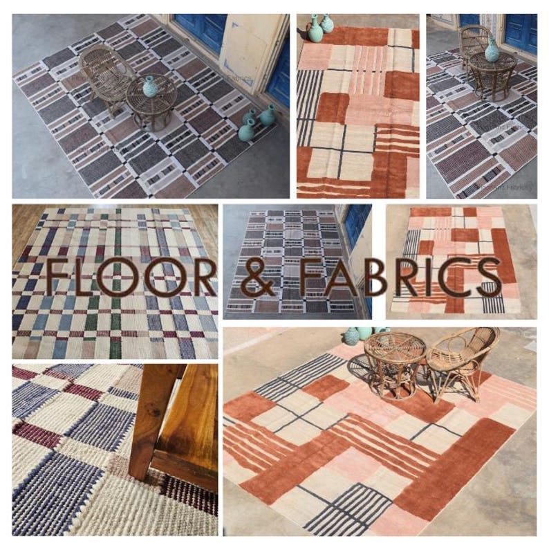 May include: A collection of geometric patterned rugs in various colors, including beige, brown, pink, and black. The rugs are displayed on a tiled floor and feature a variety of geometric patterns, including squares, rectangles, and stripes. The text "FLOOR & FABRICS" is displayed in the center of the image.