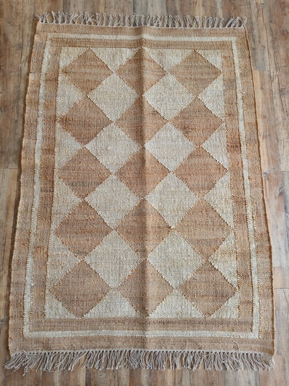 Natural Jute Diamond Checkerboard Rug, Beige And White Rug, Jute Runner Rug, Jute Cotton Handwoven Rug, Custom Rug, Dining Table Rug