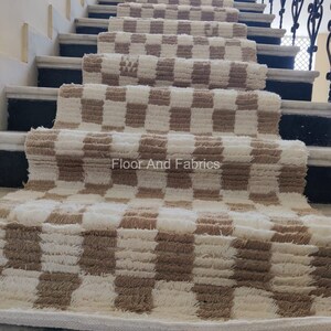 Stair Area Runner Rug - Modern Irregular Checkered Wool Dhurrie, Home Decor Step Area Rug, Stairway Padded Personalization Custom Rug