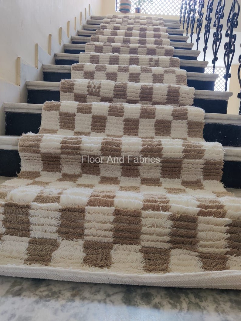 Stair Area Runner Rug - Modern Irregular Checkered Wool Dhurrie, Home Decor Step Area Rug, Stairway Padded Personalization Custom Rug