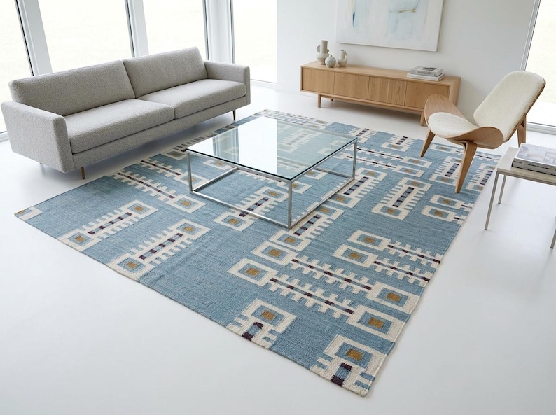 Handwoven Geometric Wool Rug: Mid Century Modern Kilim Style Dhurrie, Indoor Kilim Carpet, Bedroom, Living Room Rug, Wool Rug 8x10, 9x12 image 20