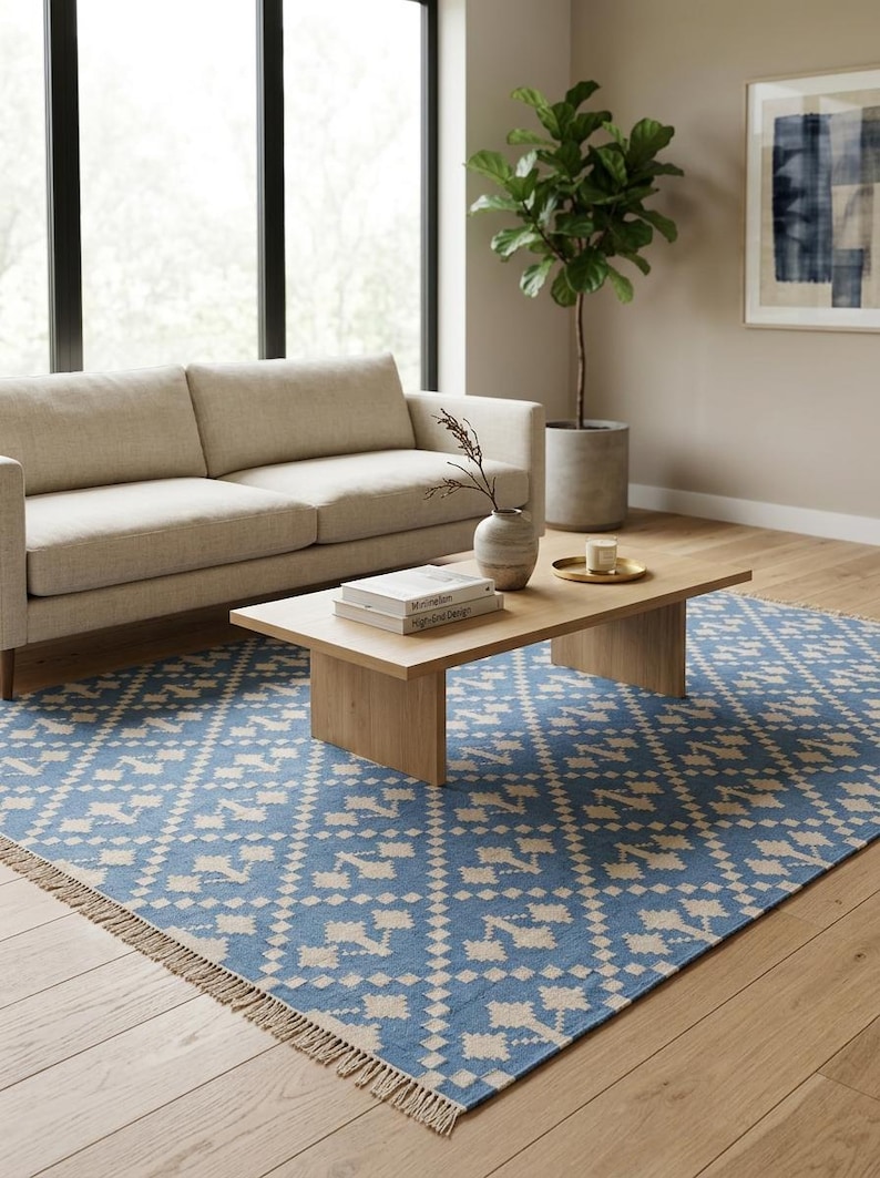 Puede incluir: Sal&oacute;n con un sof&aacute; beige, una mesa de centro de madera clara y una alfombra estampada azul y blanca. Tambi&eacute;n hay una maceta y obras de arte. La alfombra tiene un dise&ntilde;o geom&eacute;trico y un borde con flecos.