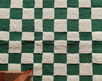 5x8 Irregular Checkerboard Rug, Hand-Knotted Wool Rug, Moroccan Area Rug, Checkered Rug, Green& White Rug, Custom Rug, Bedroom Rug