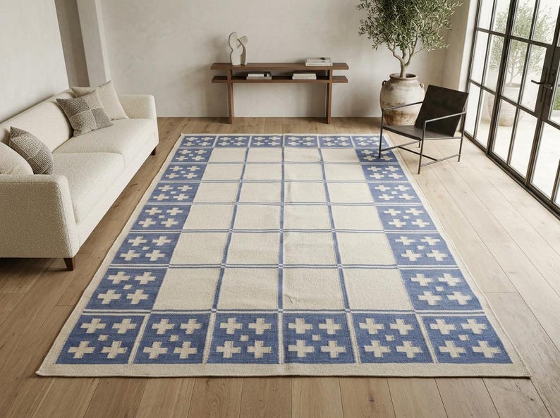 Cotton Wool Rug, Blue Geometric Handwoven Area Rug, Flatweave Living Room Carpet, Scandinavian Style Bedroom Rug, Soft Durable Rug, 8x10 Rug image 1