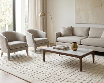 Hand-Tufted Wool Rug, Beige Neutral Area Rug, Minimalist Geometric Carpet, Modern Wool Rug, Premium Handmade Rug, Scandinavian Style Rug