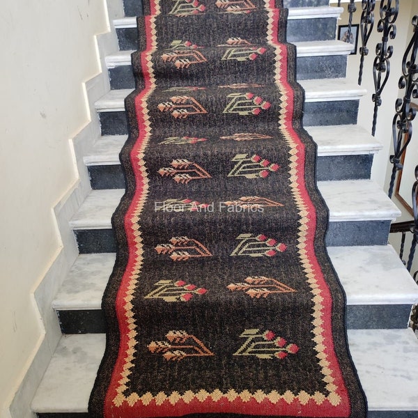 Stair Runner Rug, Black Jute Kilim Padded Carpet, Stairway Riser Dhurrie, Home Decor Step Area Rug, Custom Minimalist Mat