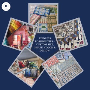 May include: A collage of various area rugs featuring diverse geometric patterns, floral motifs, and color palettes including blue, green, red, and brown. The central text reads: ENDLESS POSSIBILITIES &ndash; CUSTOM SIZE, SHAPE, COLOR & DESIGN!