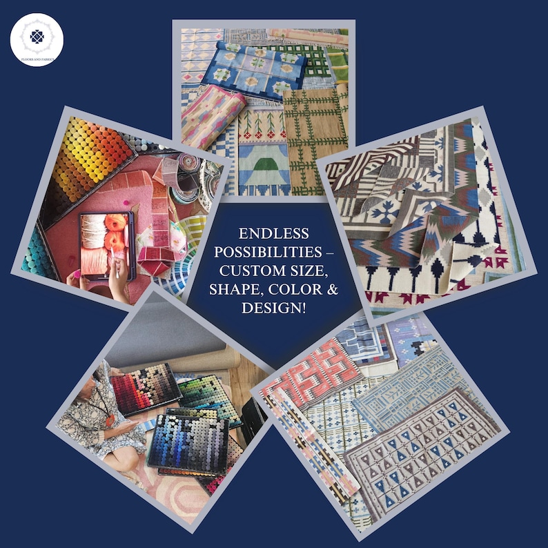 May include: A collage of various area rugs featuring diverse geometric patterns, floral motifs, and color palettes including blue, green, red, and brown. The central text reads: ENDLESS POSSIBILITIES &ndash; CUSTOM SIZE, SHAPE, COLOR & DESIGN!
