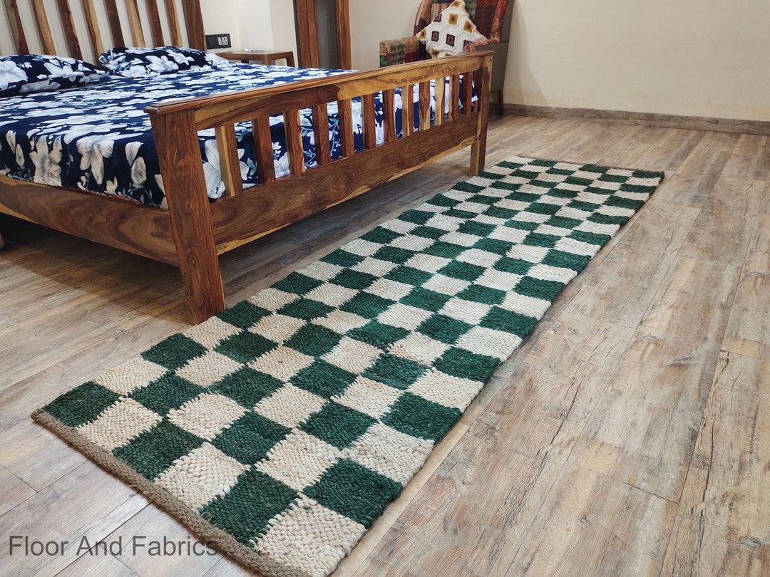 Jute Dark Green & Cream Checkered Rug Runner, Handmade Runner Rug for