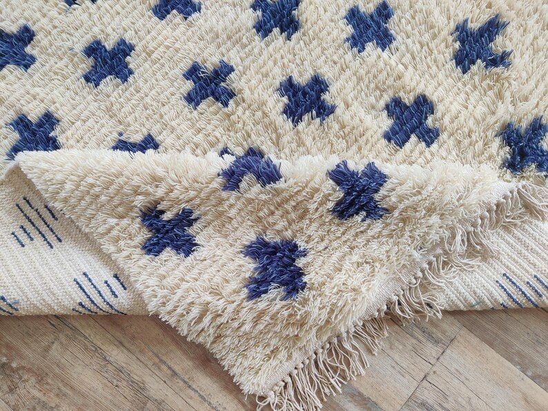 Blue and White Rug, Wool Moroccan Rug, Petfriendly Rug, Wool Rug 8X10