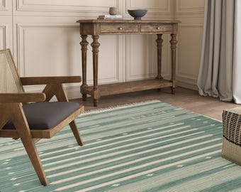 Puede incluir: Una alfombra rectangular turquesa y crema con un patrón de rayas y flecos. La alfombra está en una habitación con muebles de madera y una cortina. El diseño de la alfombra presenta líneas paralelas y rombos.