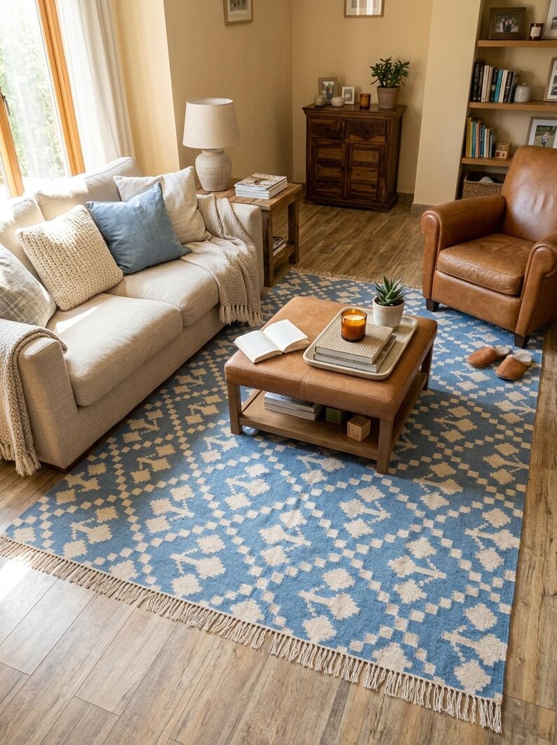 Puede incluir: Sal&oacute;n con una alfombra estampada en azul claro y crema, con flecos en el borde. La habitaci&oacute;n incluye un sof&aacute; beige con cojines, una otomana de cuero, un sill&oacute;n de cuero marr&oacute;n y muebles de madera. Una vela encendida est&aacute; sobre la otomana.