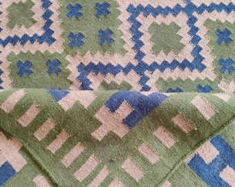 Handwoven Green Wool Rug: Tribal Geometric Flatweave Dhurrie, Custom Size Area Rug, 5x8, 6x9, 8x10 Ft Rug, Wool Rug 12x15, Indoor Carpet