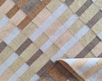 Handmade Cotton Wool Rug, 6x9  Modern Geometric Flatweave Area Rug, Neutral Beige Brown Blue Pattern Dhurrie, Minimalist Living Room Bedroom