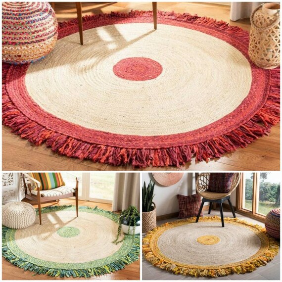 Indian Rug 100% Jute Cotton Handmade Rug Round Braided Rug Reversible Area  Rugs