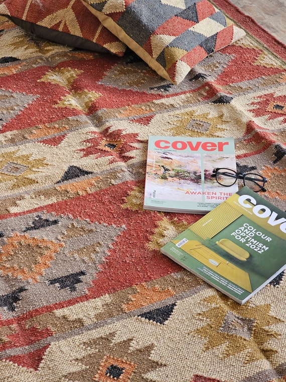 Handwoven Wool Jute Kilim Runner – Vintage Bohemian Oriental Rug, Multicolor, 0.25" Thick, India