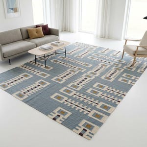 Handwoven Geometric Wool Rug: Mid Century Modern Kilim Style Dhurrie, Indoor Kilim Carpet, Bedroom, Living Room Rug, Wool Rug 8x10, 9x12 image 18