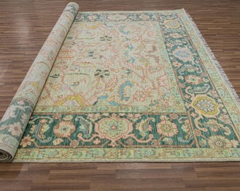 Vintage Turkish Rug, Floral Traditional Oushak Area Rug, Hand Knotted Oushak Oriental Carpet – Custom Size Living Room Rug 8x10, 4x6, 9x12