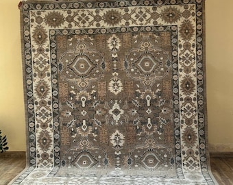Handgeknoopt Oushak-tapijt, 100% wollen vloerkleed, extra groot tapijt, tapijt voor woonkamer, eetkamer, kantoor, slaapkamer, 8x10 vintage tapijt