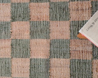 Grüner karierter Juteteppich, Kelim Teppich, Kelimteppich, Kelimteppich, Kelimteppich, 2,7 x 2,5 m, Handgewebter Teppich