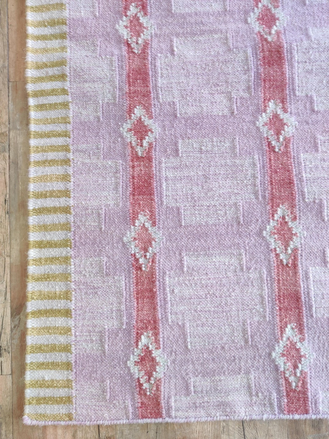 Pink Checkered Wool Rug, Modern Handwoven Flatweave Area Rug, Indoor ...
