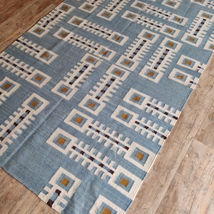 Modern Geometric Wool Rug, Handwoven Swedish Flatweave Rug, Handmade Mid Century Kilim Style Accent Rug, Blue Wool Rug 8x10, 9x12, 12x15, Modern design rug, Bedroom accent rug, Handmade kilim carpet, Indoor Rug, Personalized Rug, Luxury Rug